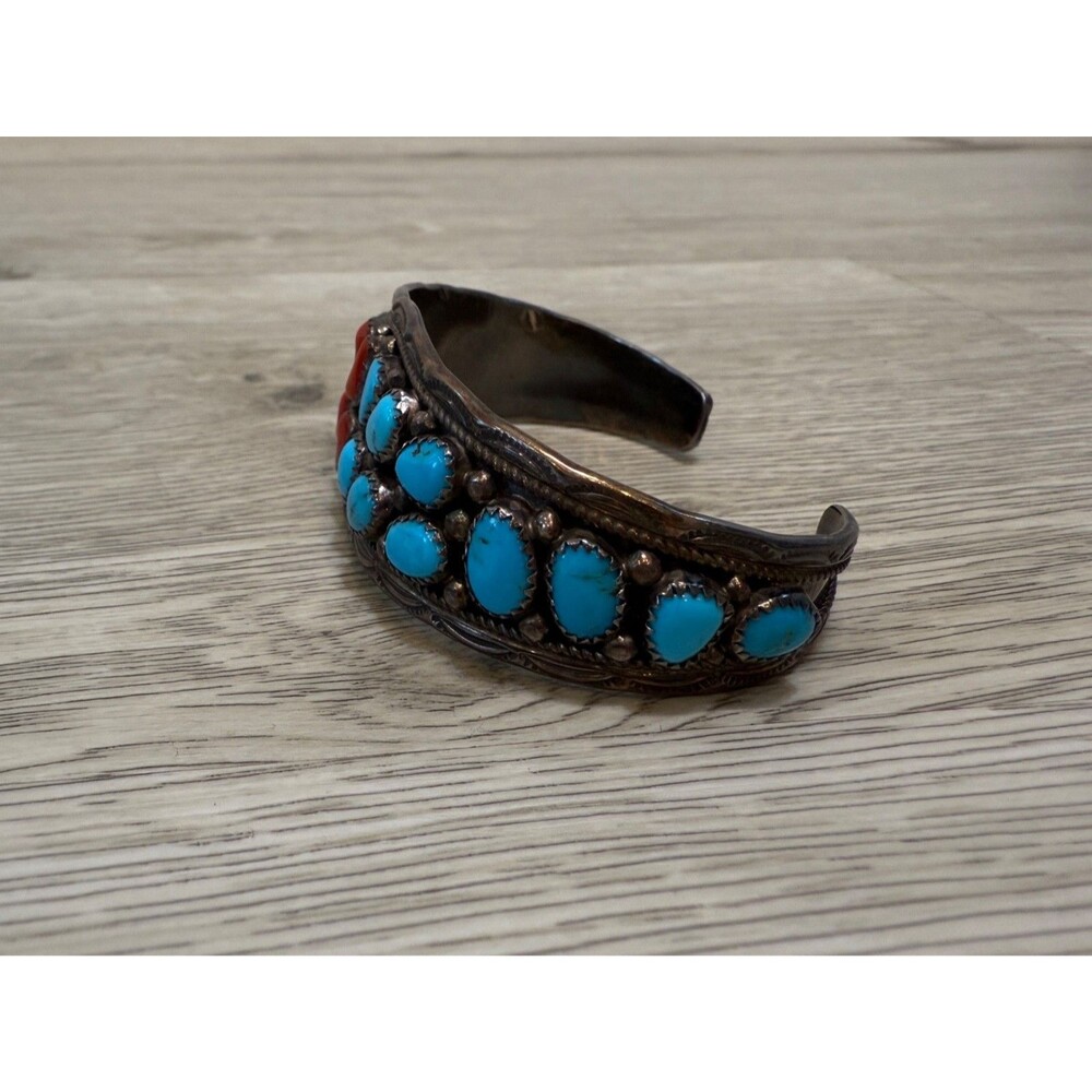 Navajo Yellowhorse Turquoise Coral Sterling Silver Cuff Bracelet Native American - Picture 15 of 16